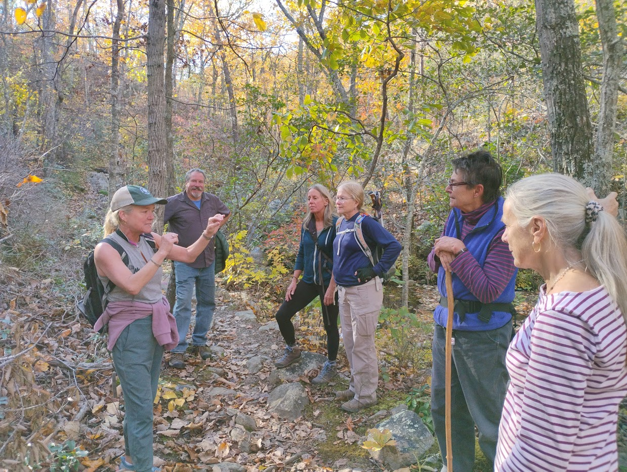 A group of hikers paused on the trail listen to one woman talking.